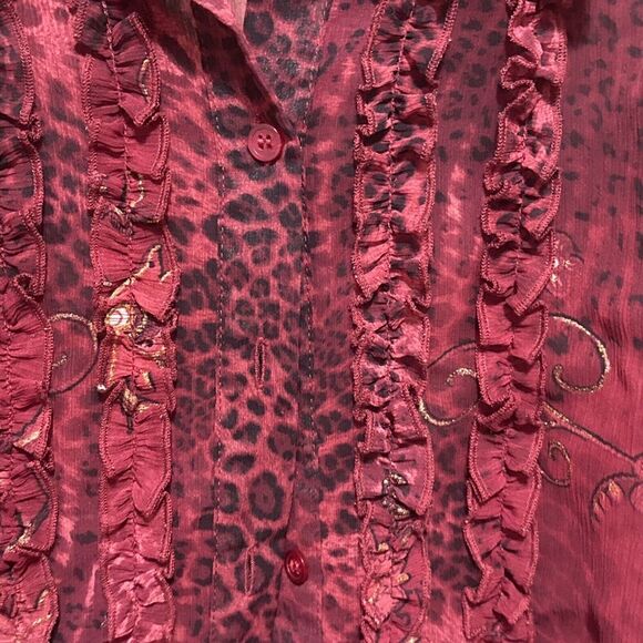 Koret Burgundy Floral Animal Print Ruffle‎ Sheer Blouse Top Size 12 - Picture 3 of 7